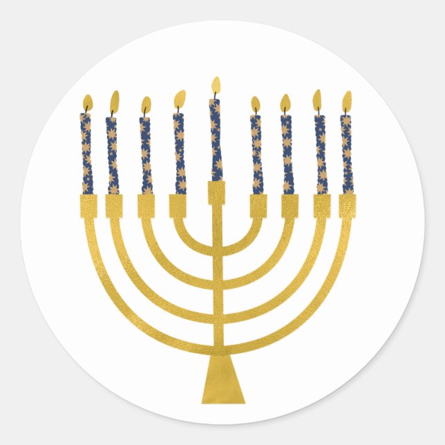 Festive Menorah Hanukkah Blue Candles Drawing Classic Round Sticker (Front)