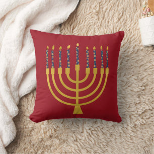 Festive Menorah Hanukkah Blue Candles Drawing Red Cushion