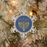 Festive Menorah Hanukkah Blue Candles Drawing   Snowflake Pewter Christmas Ornament<br><div class="desc">Faux gold foil menorah candles for your Hanukkah celebration. Whimsical menorah illustration with white stars covered celestial candles on a faux gold menorah candle stand. Menorah starry Hanukkah illustrated design gifts and paper products.</div>