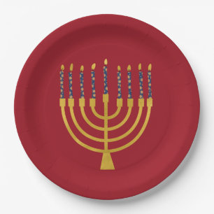 Festive Menorah Hanukkah Blue Candles Elegant Paper Plate
