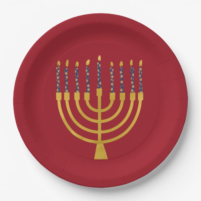 Festive Menorah Hanukkah Blue Candles Elegant  Paper Plate (Front)