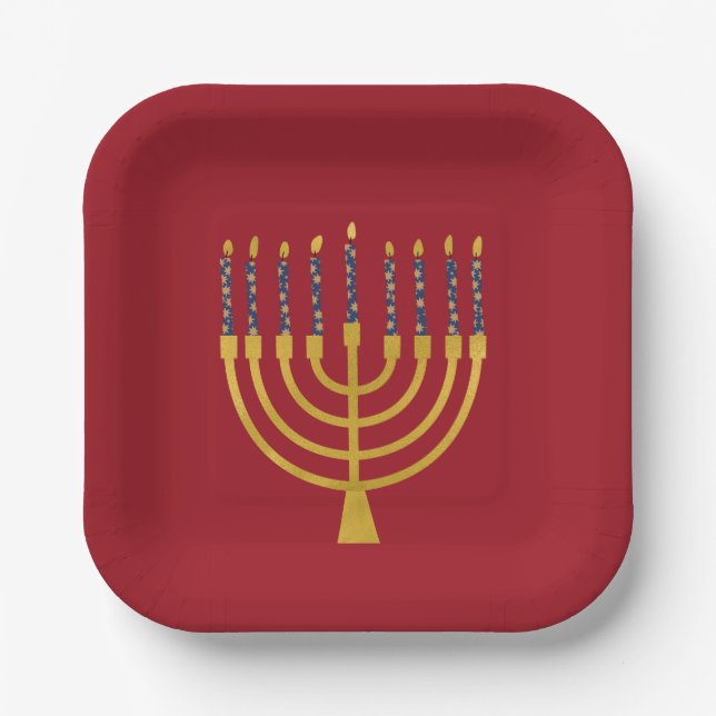 Festive Menorah Hanukkah Blue Candles Elegant   Paper Plate (Front)