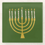 Festive Menorah Hanukkah Candles Elegant Green Glass Coaster<br><div class="desc">Faux gold foil menorah candles for your Hanukkah celebration. Whimsical menorah illustration with white stars covered celestial candles on a faux gold menorah candle stand. Minimalist menorah elegant starry Hanukkah illustrated design gifts and paper products.</div>