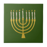Festive Menorah Hanukkah Candles Elegant Green Tile<br><div class="desc">Faux gold foil menorah candles for your Hanukkah celebration. Whimsical menorah illustration with white stars covered celestial candles on a faux gold menorah candle stand. Minimalist menorah elegant starry Hanukkah illustrated design gifts and paper products.</div>