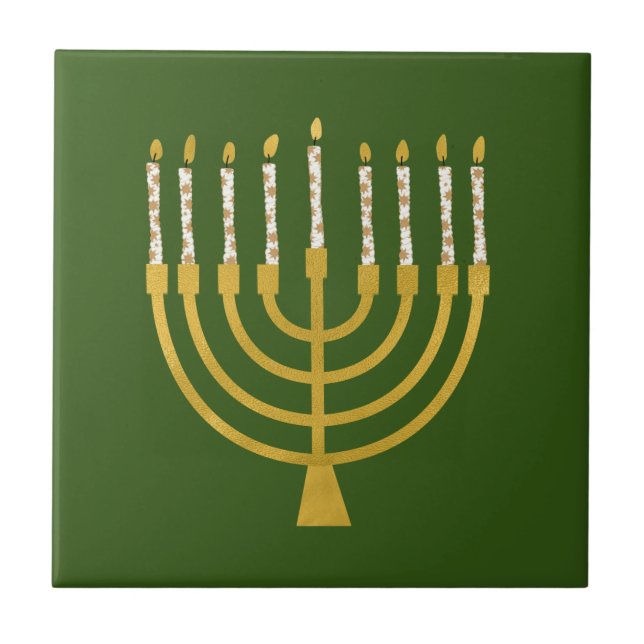 Festive Menorah Hanukkah Candles Elegant Green Tile (Front)