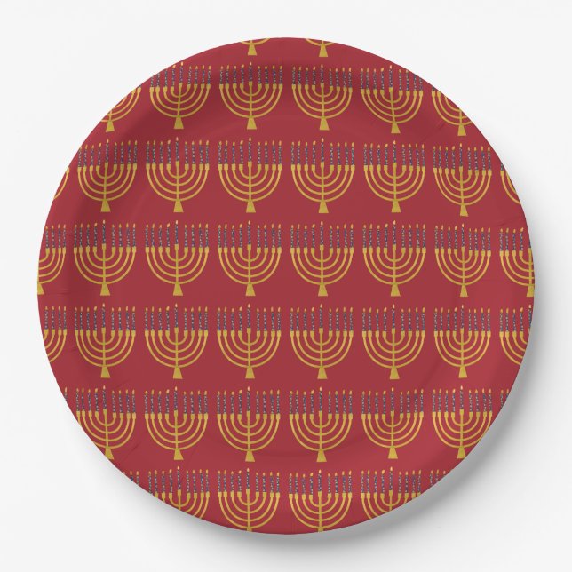 Festive Menorah Hanukkah Candles Elegant Pattern  Paper Plate (Front)
