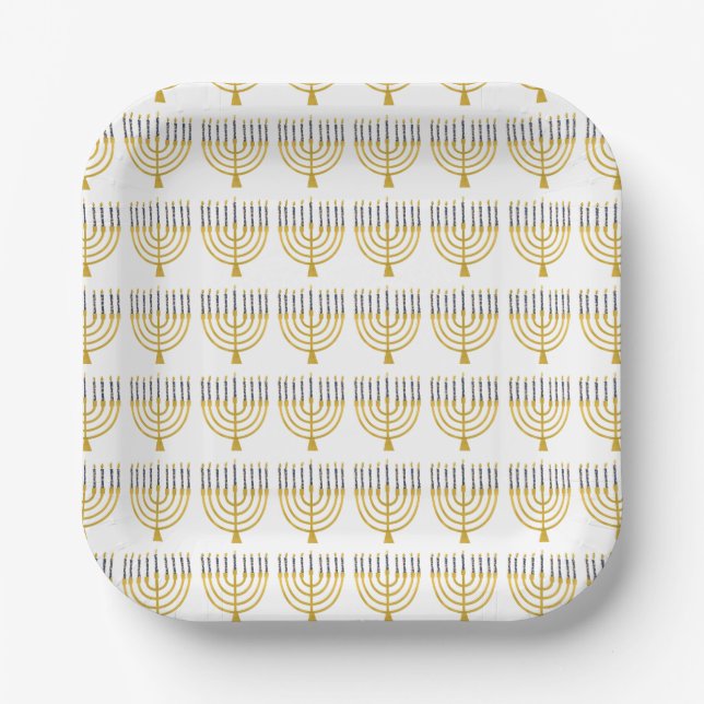 Festive Menorah Hanukkah Candles Elegant Pattern  Paper Plate (Front)
