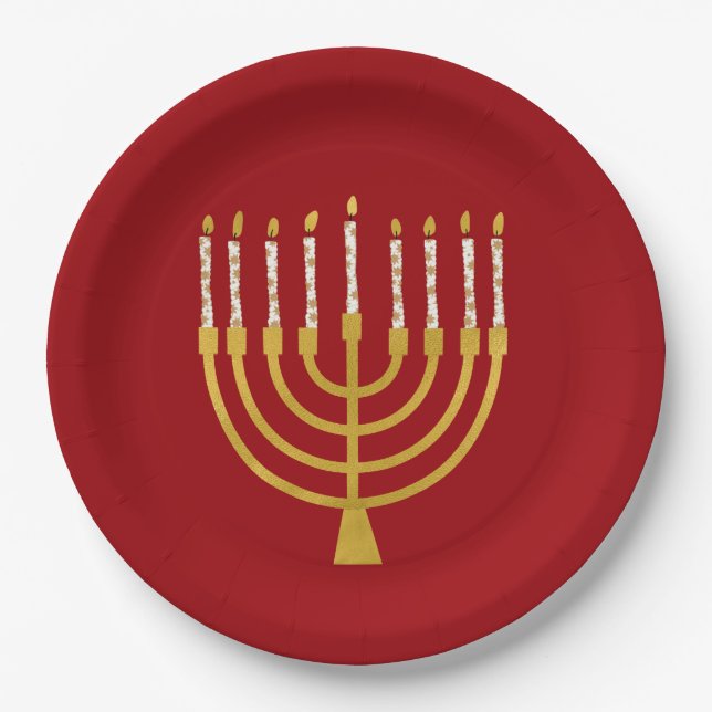 Festive Menorah Hanukkah Celestial Candle Ruby Red Paper Plate (Front)