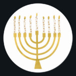Festive Menorah Hanukkah Celestial Candles Drawing Classic Round Sticker<br><div class="desc">Faux gold foil menorah candles for your Hanukkah celebration. Whimsical menorah illustration with white stars covered celestial candles on a faux gold menorah candle stand. Menorah starry Hanukkah illustrated design gifts and paper products.</div>