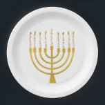 Festive Menorah Hanukkah Celestial Candles Elegant Paper Plate<br><div class="desc">Faux gold foil menorah candles for your Hanukkah celebration. Whimsical menorah illustration with white stars covered celestial candles on a faux gold menorah candle stand. Menorah elegant starry Hanukkah illustrated design gifts and paper products.</div>