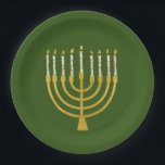 Festive Menorah Hanukkah Celestial Candles Green Paper Plate<br><div class="desc">Faux gold foil menorah candles for your Hanukkah celebration. Whimsical menorah illustration with white stars covered celestial candles on a faux gold menorah candle stand. Menorah elegant starry Hanukkah illustrated design gifts and paper products.</div>