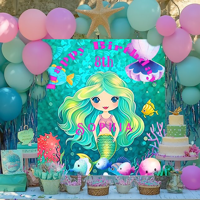 Festive Mermaid Themed Happy Birthday Banner Tapestry (Colorful Mermaid Themed  Birthday Party Banner )