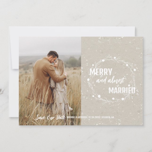 Festive Merry and Almost Married Holiday Save The Date (Front)