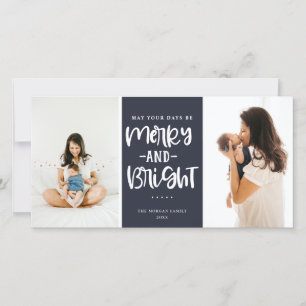 Festive Merry And Bright Blue Holiday Photo Card