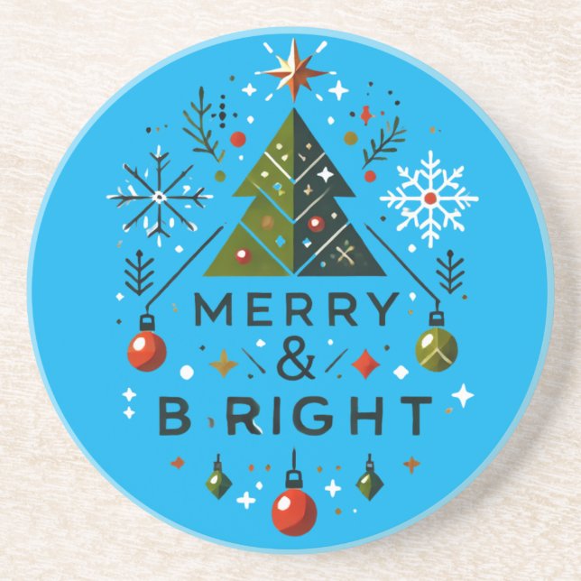 Festive Merry and Bright Christmas Tree Design Coaster (Front)