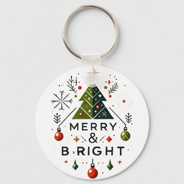 Festive Merry and Bright Christmas Tree Design Key Ring (Front)