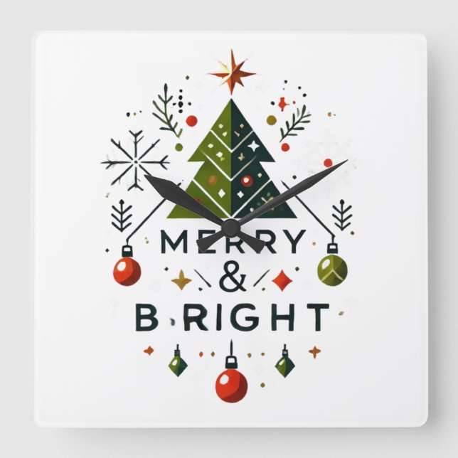 Festive Merry and Bright Christmas Tree Design Square Wall Clock (Front)