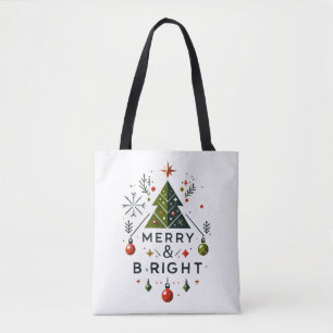 Festive Merry and Bright Christmas Tree Design Tote Bag