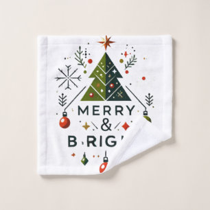 Festive Merry and Bright Christmas Tree Design Wash Cloth