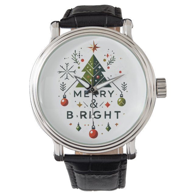 Festive Merry and Bright Christmas Tree Design Watch (Front)
