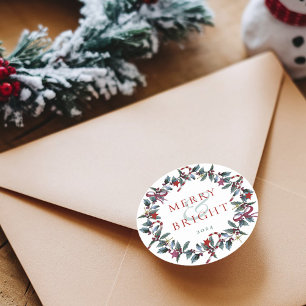 Festive Merry and Bright Christmas Wreath  Classic Round Sticker