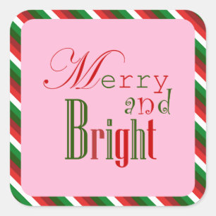 Festive Merry and Bright in Red Green and Pink Square Sticker