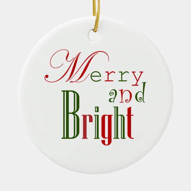 Festive Merry and Bright, Red and Green Ceramic Tree Decoration (Front)