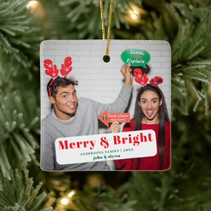 Festive Merry And Bright Script photo Christmas Ceramic Ornament