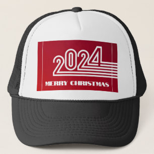Festive Merry Christmas 2024 Red Colour Background Trucker Hat