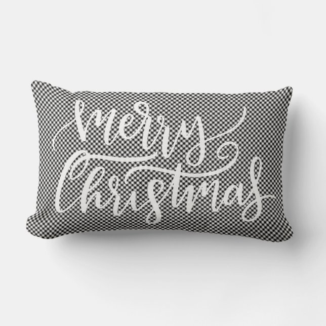 Festive Merry Christmas Black White Gingham Plaid Lumbar Cushion (Front)