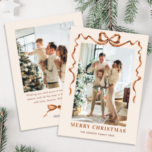 Festive Merry Christmas Boho Bow Ribbon 2 Photo Holiday Card (Creator Uploaded)