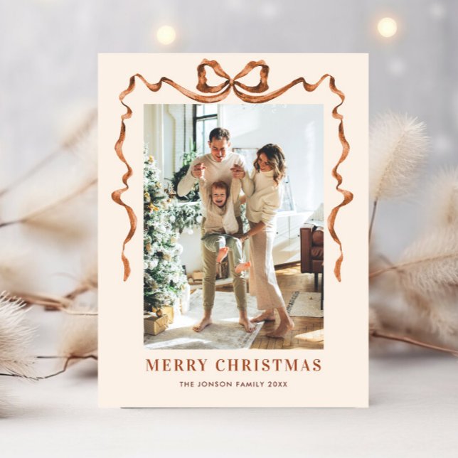 Festive Merry Christmas Boho Bow Ribbon 2 Photo Postcard (Creator Uploaded)