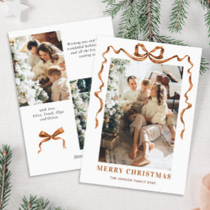 Festive Merry Christmas Boho Bow Ribbon 3 Photo Holiday Card