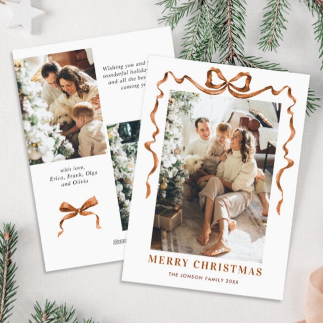 Festive Merry Christmas Boho Bow Ribbon 3 Photo Holiday Card (Creator Uploaded)