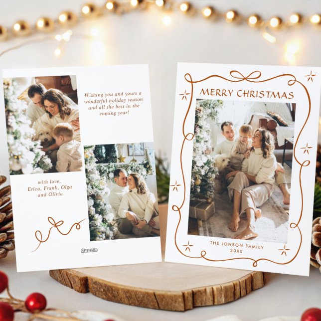 Festive Merry Christmas Boho Bow Ribbon 3 Photo Holiday Card (Creator Uploaded)