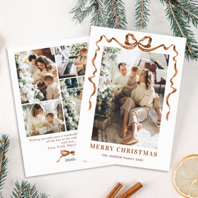 Festive Merry Christmas Boho Bow Ribbon 5 Photo Holiday Card (Creator Uploaded)