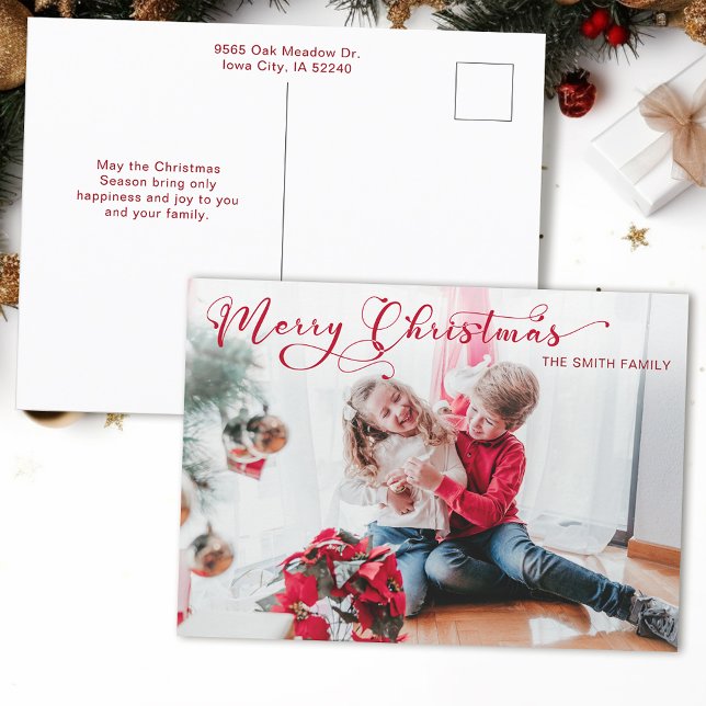 Festive Merry Christmas Calligraphy Photo Holiday Postcard (Creator Uploaded)