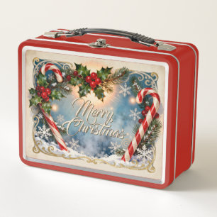 Festive Merry Christmas Card with Shine Metal Lunch Box