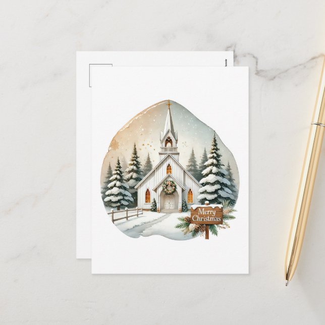 Festive Merry Christmas Country Church  Holiday Postcard (Front/Back In Situ)