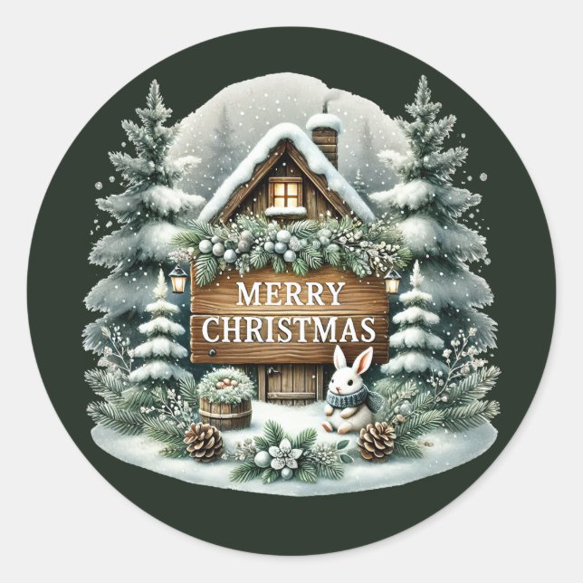 Festive Merry Christmas Country house  Classic Round Sticker (Front)