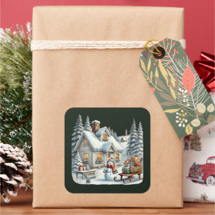 Festive Merry Christmas Country house snowman Square Sticker