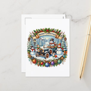 Festive Merry Christmas Country snowman car Holiday Postcard