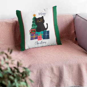 Festive Merry Christmas Cute Black Cat Coffee Art Cushion