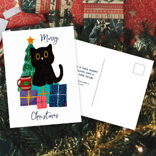 Festive Merry Christmas Cute Black Cat Coffee Art Holiday Postcard