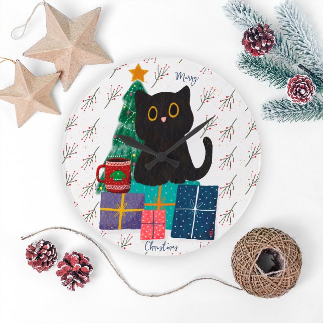 Festive Merry Christmas Cute Black Cat Coffee Art Large Clock (Creator Uploaded)