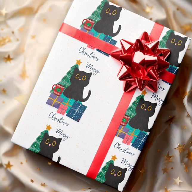 Festive Merry Christmas Cute Black Cat Coffee Art Wrapping Paper (Creator Uploaded)
