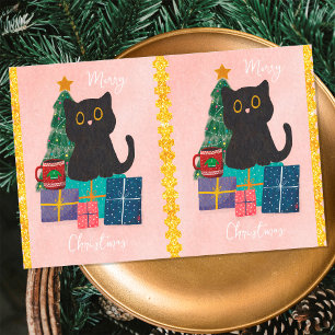 Festive Merry Christmas Cute Black Cat Coffee Pink Tissue Paper