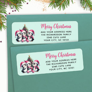 Festive Merry Christmas Cute Penguins Pink Mint