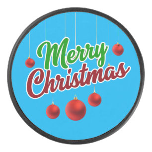 Festive Merry Christmas Decor with Red Ornaments Hockey Puck