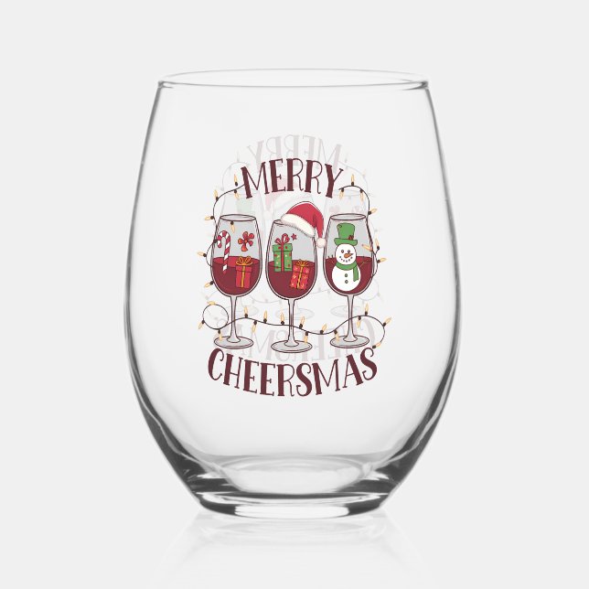 Festive Merry Christmas drinking party Stemless Wine Glass (Front)